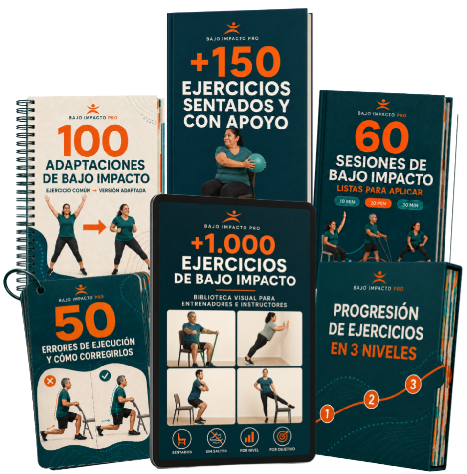 Mockup completo de Bajo Impacto Pro con la biblioteca principal y los cinco materiales complementarios